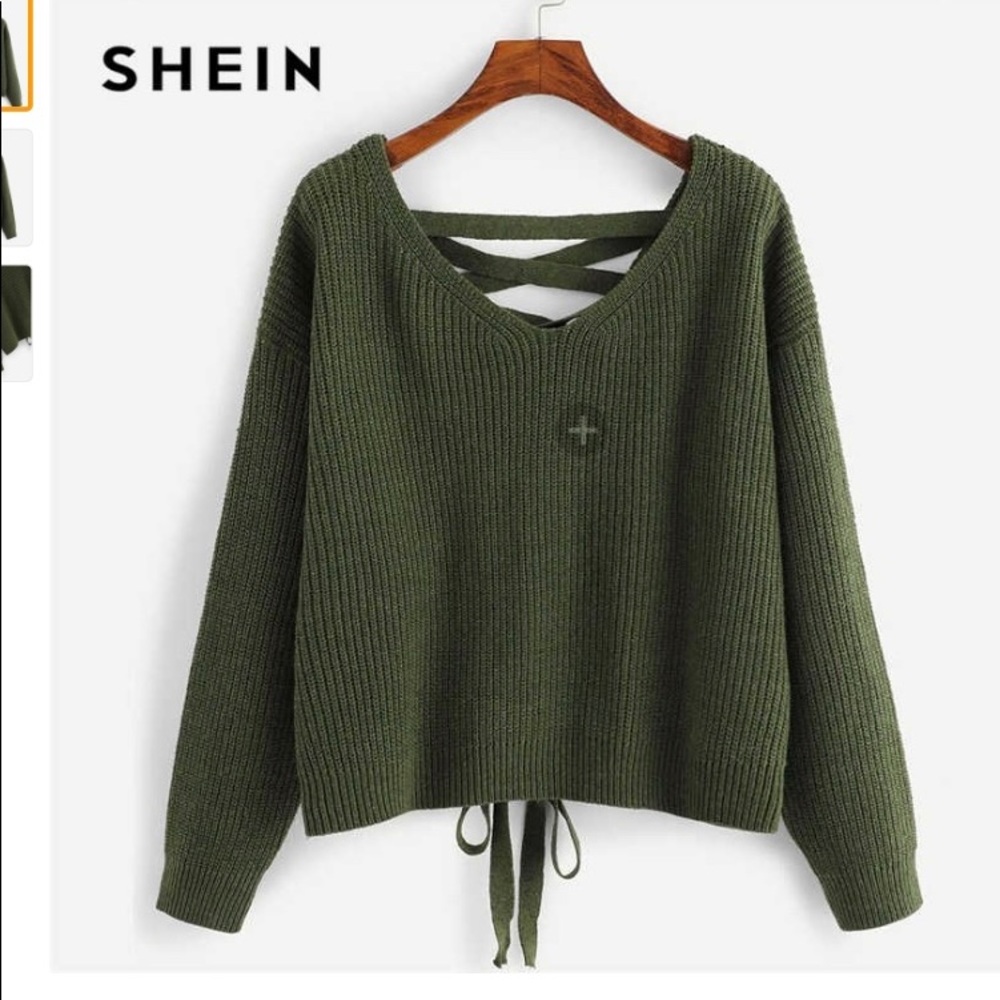 SHEIN green back lace up sweater